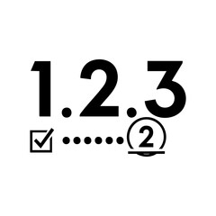 Vector art of simple graphic illustration of the numbers 1, 2, and 3 with a checkmark and a dotted line leading to the number 2 inside a circle