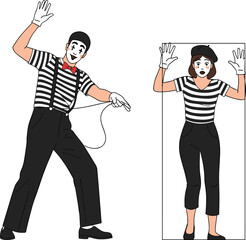Mime artists performing act, expressive mime characters in costume, pantomime entertainers posing with emotions, classic street performance concept illustration