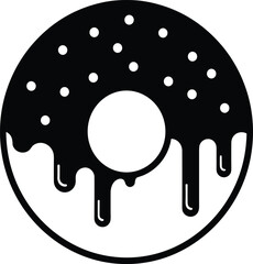 Minimalist donut icon with dripping glaze, sprinkled topping, black and white vector illustration, dessert silhouette, bakery symbol, graphic art