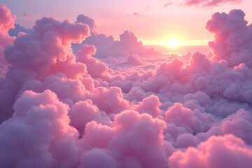 Beautiful sunset over fluffy pink clouds creates serene atmosphere