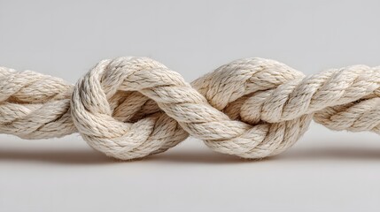 Thick rope is tied with a complex knot against a light background.