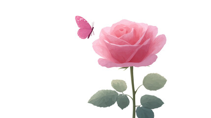 Obraz premium Pink rose with delicate petals and green leaves, accompanied by pink butterfly, creates romantic and gentle floral scene, perfect for spring or love themed designs