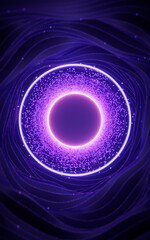 Dark round tunnel with glowing neon lines, 3d rendering.