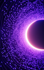 Dark round tunnel with glowing neon lines, 3d rendering.