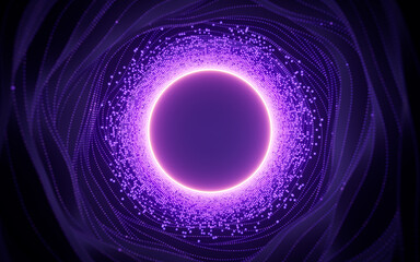 Dark round tunnel with glowing neon lines, 3d rendering.