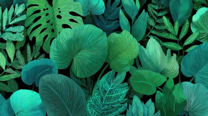 A Dense, Moody Tapestry of Tropical Leaves in Luminous Teal and Emerald Green.