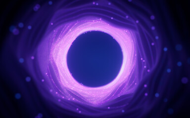 Dark round tunnel with glowing neon lines, 3d rendering.