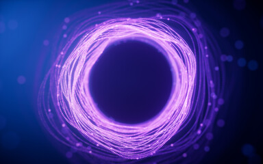 Flowing curve lines and particles with ring shape, 3d rendering.