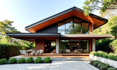 Modern house with wooden accents and large windows