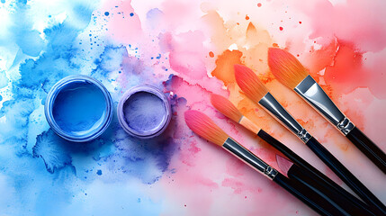 Watercolor paintbrushes and paint jars on a vibrant watercolor background for art and DIY projects
