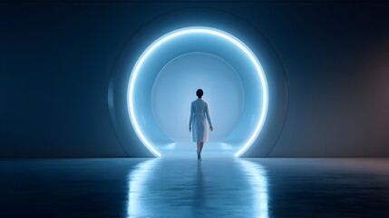 Obraz premium Person walks towards a glowing futuristic circular portal.