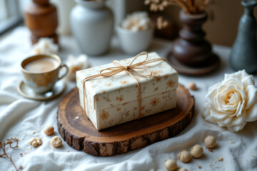 Beautifully wrapped gift box wooden platter, surrounded by