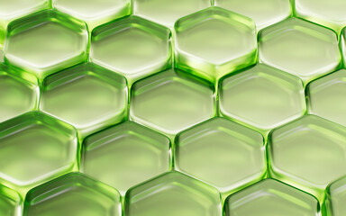 Fototapeta premium Transparent green hexagonal honeycomb structure background, 3d rendering.