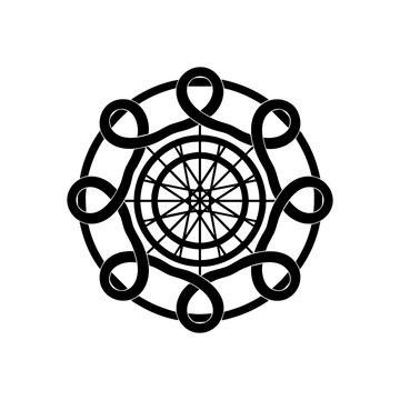 Vector art of intricate black and white circular celtic knot or mandala design with a starlike pattern in the center