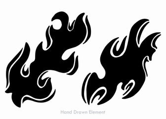 Two black stylized flame designs, hand-drawn elements, isolated on a white background, creating an abstract fire illustration.