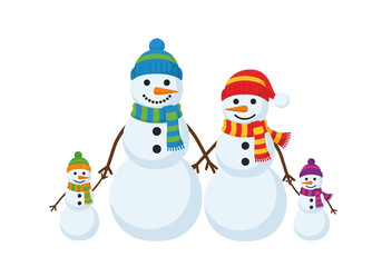 A family of snowmen two big two small holding hands in a row
