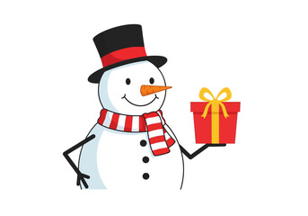A snowman with a top hat holds a red gift box with a yellow bow