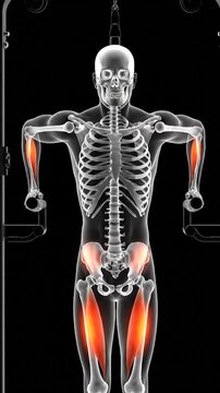Anatomical 3D Animation of a Skeleton Performing Dips, Highlighting Activated Arm, Hip, and Leg Muscles.