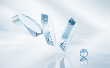 Transparent blue glass geometries background, 3d rendering.