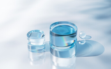 Transparent blue glass geometries background, 3d rendering.