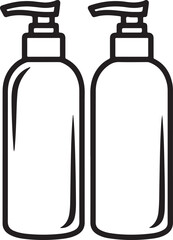 Vector art of shampoo bottle illustration a pair of black and white shampoo bottles with pump dispensers, perfect for representing hygiene, beauty, and personal care products outline icon on
