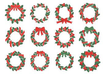 An array of twelve holly wreaths each adorned with red berries and ribbons in various styles