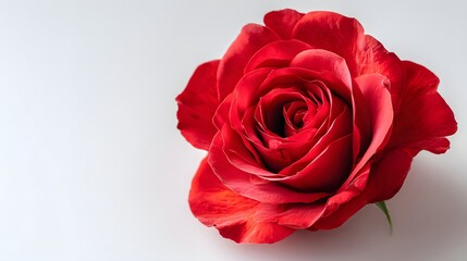 Fototapeta premium Vibrant red rose bloom with delicate petals rests on a clean white surface.