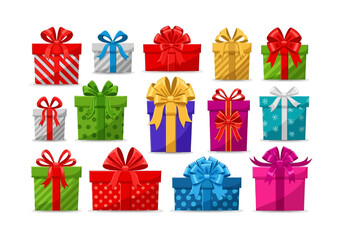 Assorted colorful gift boxes each adorned with a distinctive bow design are neatly arranged against a plain white background