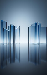 Transparent blue cube glass geometries background, 3d rendering.