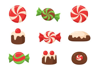 Candy and cakes arranged in a grid on a white background