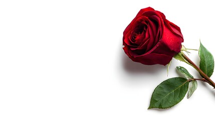 Fototapeta premium A single red rose lies on a white background.