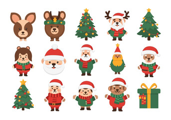 Cartoon Christmas icons with trees animals Santa elf and a gift