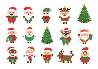 Cartoon holiday icons Santa Clauses Christmas trees reindeer and a bear and mouse
