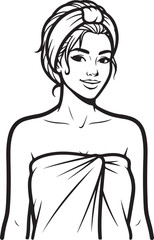 woman with a towel wrapped around her body and a turban on her head is smiling, the illustration is a simple line drawing, perfect for beauty and spa concepts outline icon on