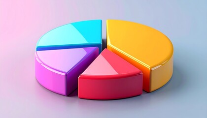 A vibrant, 3D rendered pie chart divided into four colorful segments, placed on a light blue surface