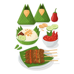 A vibrant illustration of a traditional Indonesian meal, featuring satay skewers, rice dishes, and chili paste.
