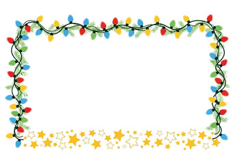 Festive frame with lights pine needles and stars