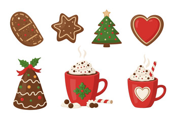 Festive holiday treats gingerbread shapes mugs of cocoa with whipped cream