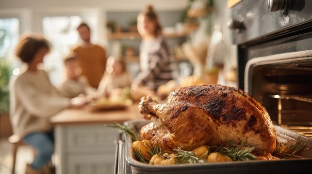 Roasted turkey being served in a bright, modern kitchen during a joyful Thanksgiving dinner celebration