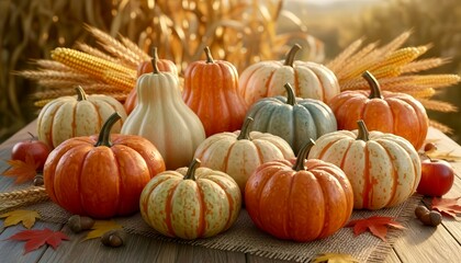 Colorful pumpkins arranged on a wooden table surrounded by autumn leaves and corn stalks in a harvest setting