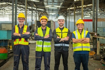 A group of four factory workers wearing hard hats and safety vests are posing for a photo in the factory.