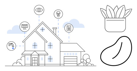 Naklejka premium Modern home interconnected with smart devices, water faucet, air conditioner, washing machine. Ideal for technology, energy saving, eco-living, home automation, IoT innovation simple flat metaphor