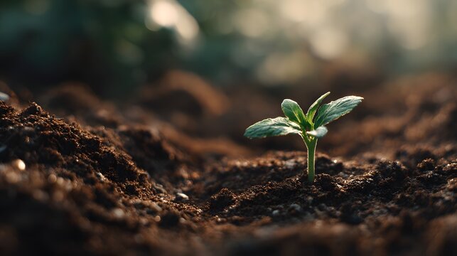 Young plant sprouts from rich soil, symbolizing new growth and life.