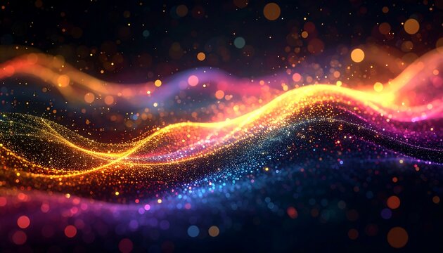 A vibrant abstract composition of glowing particles forming undulating waves against a dark backdrop. Warm and cool colors blend in a dynamic display