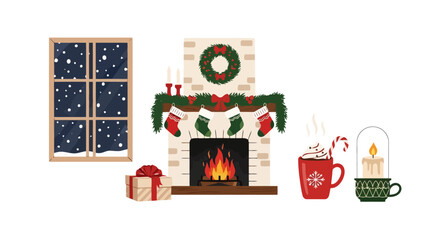 Cozy Christmas fireplace setting illustration featuring festive decorations and warm elements for seasonal greetings and holiday-themed content creation. © Jonmart