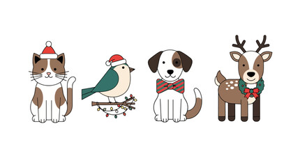 Festive Animal Friends Celebrating Christmas Holiday Season, Perfect for Greeting Cards, Children's Illustration, and Holiday-themed Designs.