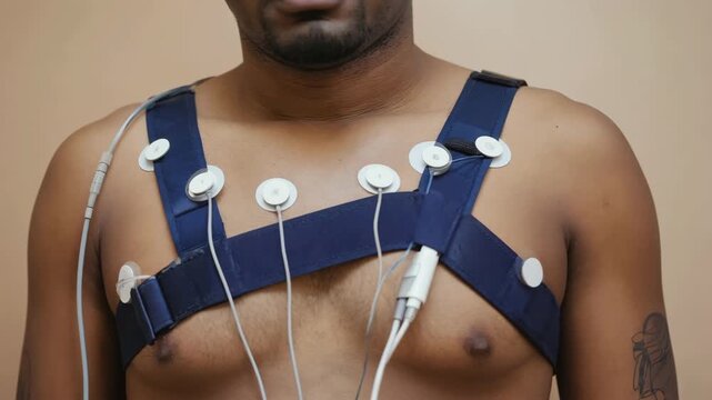 Electrocardiogram (ECG) electrodes attached to male patient&rsquo;s chest, capturing cardiac monitoring and heart diagnostics