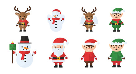 Adorable Christmas Character Collection Featuring Santa, Elves, Reindeer, and Snowmen for Holiday Greetings and Festive Decoration Projects