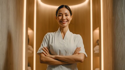 Smiling woman in uniform stands with arms crossed in a modern spa.