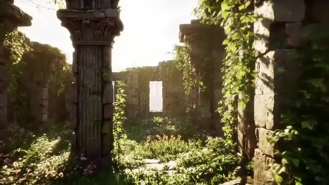 Ancient stone archway and walls overgrown with plants against bright light